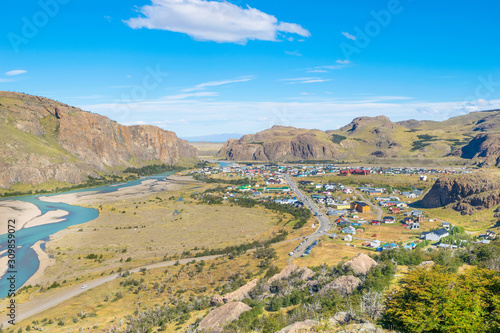 Beautiful view of El Chalten Village from Rio de las Vueltas view point - El Chalten - Patagonia - Argentina