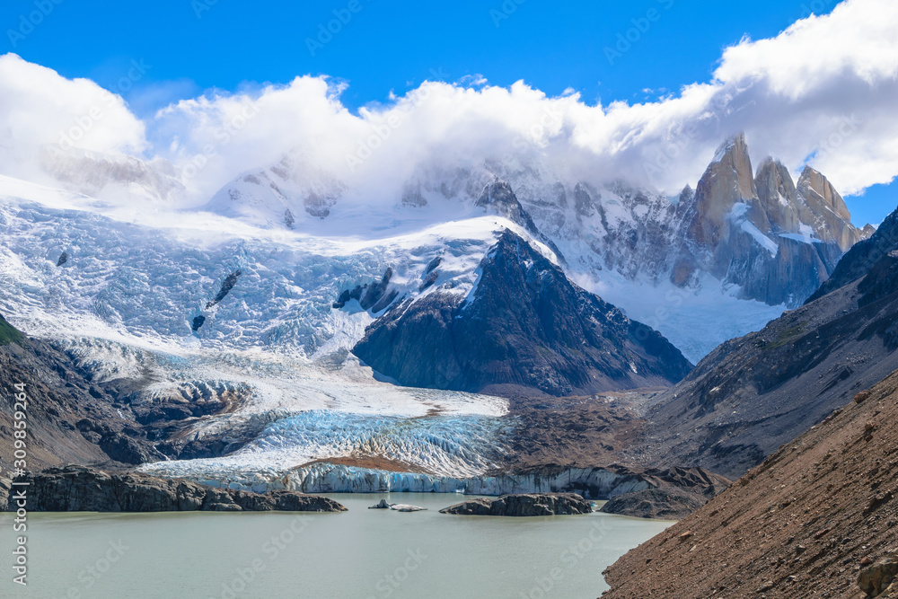Beautiful view of Glacier and Laguna Torre with Cerro Torre in the background - Los Glaciares National Park - Patagonia, Argentina Beautiful view of Glacier and Laguna Torre with Cerro Torre in the background - Los Glaciares National Park - Patagonia, Argentina