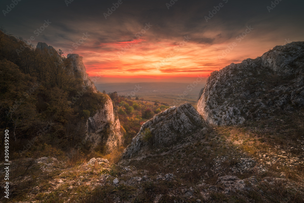 Colorful Autumn Sunset as Seen from Rocky Hill in Palava Protected Area near Mikulov in South Moravia, Czech Republic