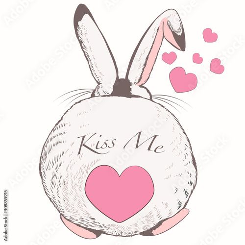 Funny vector illustration with rabbit and heart tale, valentines day design