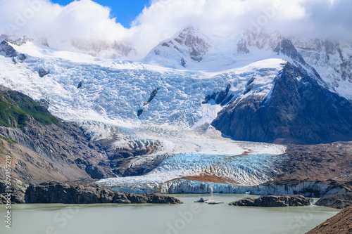 Beautiful view of Glacier and Laguna Torre with Cerro Torre in the background - Los Glaciares National Park - Patagonia, Argentina