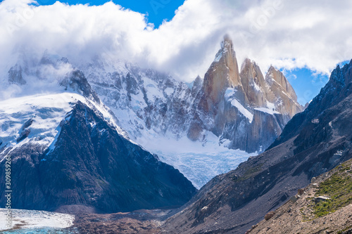Beautiful view of Glacier and Laguna Torre with Cerro Torre in the background - Los Glaciares National Park - Patagonia, Argentina
