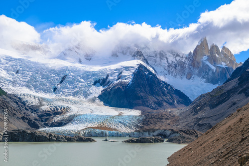 Beautiful view of Glacier and Laguna Torre with Cerro Torre in the background - Los Glaciares National Park - Patagonia, Argentina
