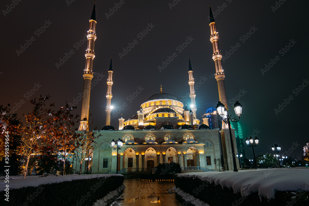 Obraz premium Ahmad Kadyrov Mosque Heart of Chechnya at night Grozny, Chechnya, Russia