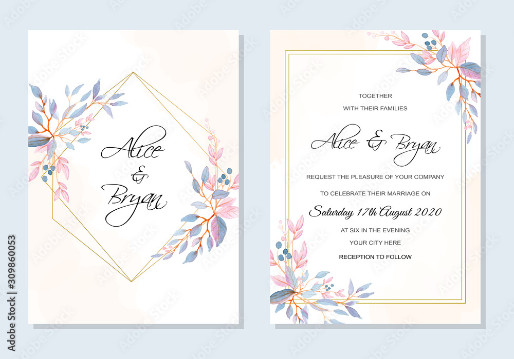 wedding template with leaves watercolor