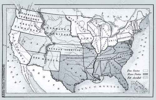 Slika na platnu Map of free, slave and undecided states 1857