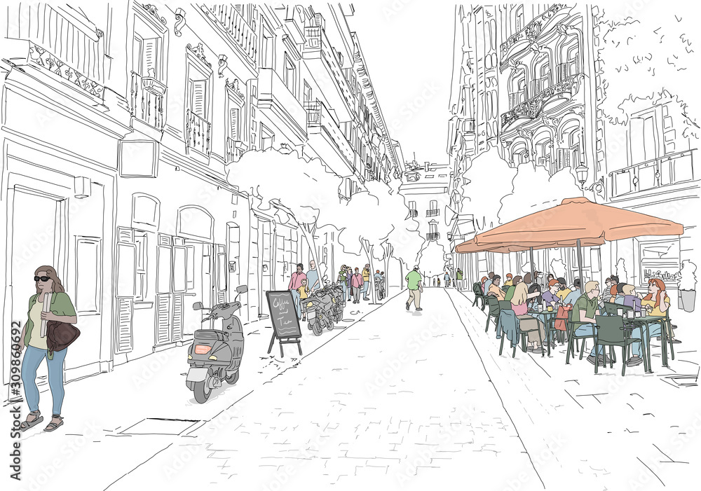 Hand drawn illustration. Street scene in Madrid. People enjoy dining on a terrace in the back streets of a Madrid neighborhood.