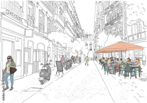Hand drawn illustration. Street scene in Madrid. People enjoy dining on a terrace in the back streets of a Madrid neighborhood.