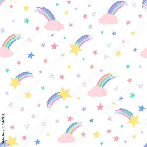 Seamless repeat pattern in pastel colors with different shapes doodled shooting stars  rainbows and clouds on a white background