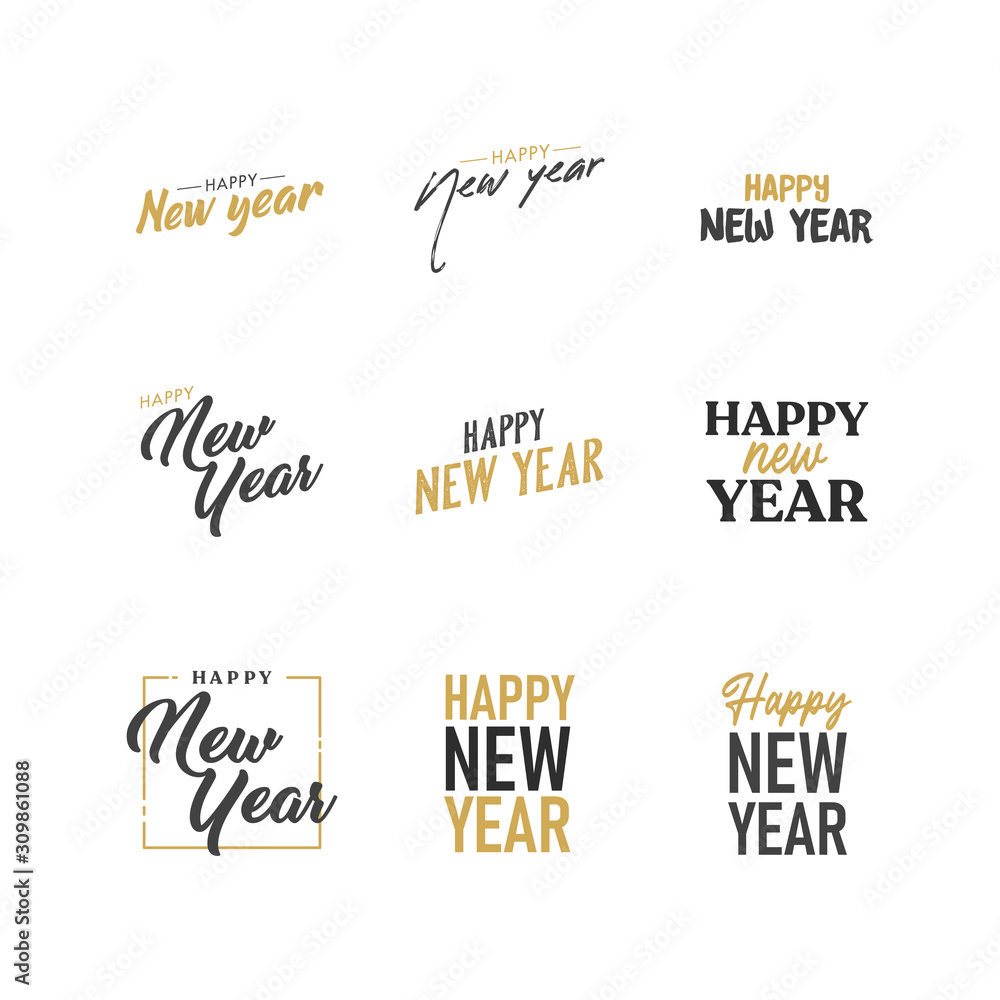 Happy new year typography signs. Vector Lettering Compositions collection. Set of Holiday design for greeting card.