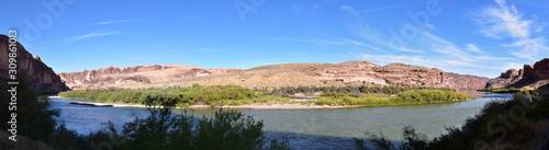 Moab Panorama views of Colorado River Highway UT 128 in Utah around Hal and Jackass canyon and Red Cliffs Lodge on a Sunny morning in fall. Scenic nature near Canyonlands and Arches National Park, 