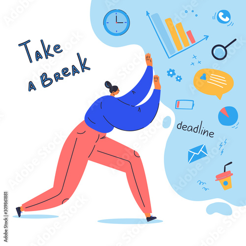 Young woman against the routine push away different items from her life.Take a break lettering.Cartoon character isolated on white background.Flat color vector illustration.Poster burnout prevention