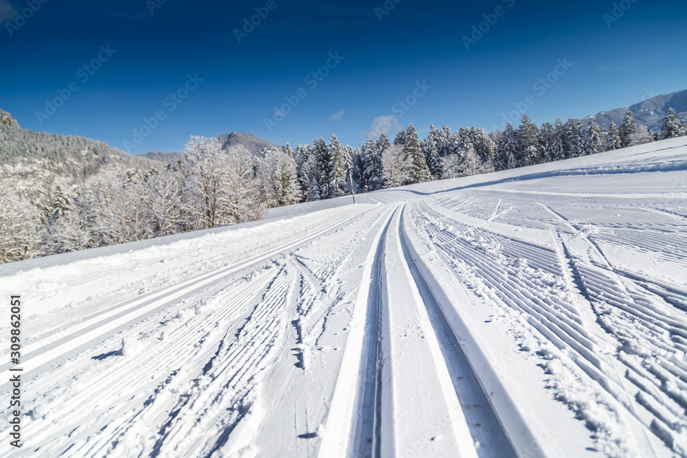 Cross-country skiing track in winter landscape