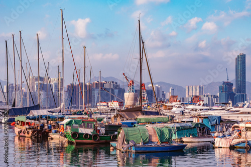 Photography Evening view of the harbor by the city center. Hong Kong.