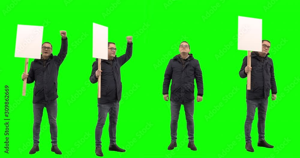GREEN SCREEN CHROMA KEY Caucasian man posing as a strike participant, holding a sign with tracking points, strike crowd replication. 4K UHD GREEN SCREEN CHROMA KEY Caucasian man posing as a strike participant, holding a sign with tracking points, strike crowd replication. 4K UHD
