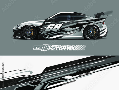 Racing car wrap design vector. Graphic abstract stripe racing background kit designs for wrap vehicle, race car, rally, adventure and livery. Full vector eps 10