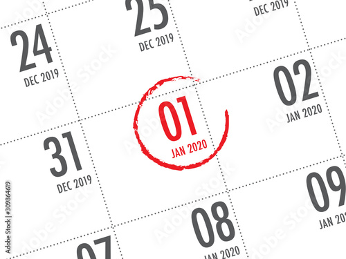 Close up of first day of the year 2020 on diary calendar.