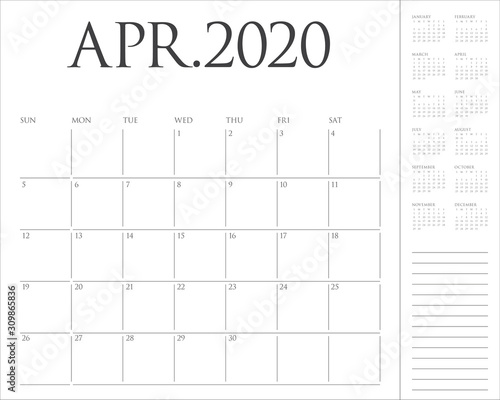 April 2020 desk calendar vector illustration