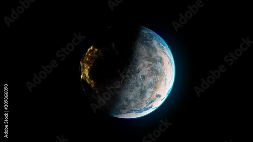 Time lapse of beautiful planet Earth in a dark atmosphere with the sun rising on one side and the night shadow on the other, creating a futuristic shiny cartography contrast