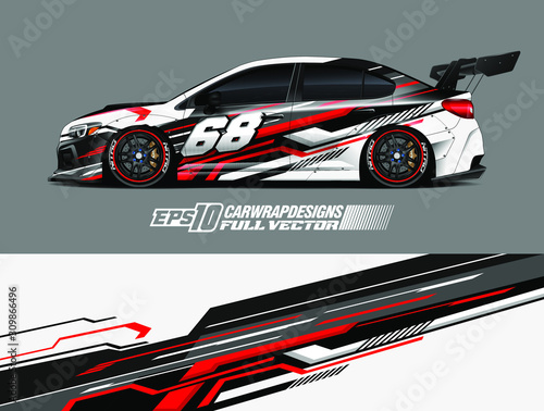 Racing car wrap design vector. Graphic abstract stripe racing background kit designs for wrap vehicle, race car, rally, adventure and livery. Full vector eps 10