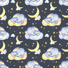 Handdoek met foto Slapende dieren patronen Dromend olifantje op witte wolk  © MarinaErmakova