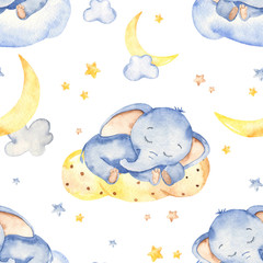Handdoek met foto Slapende dieren patronen Babyolifantje slapend op zachte wolk  © MarinaErmakova