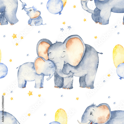 Canvas Print Watercolor seamless pattern with cute elephants for Mother and Father's Day