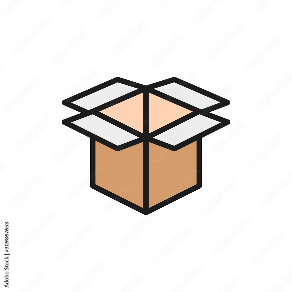 Open cardboard box, paper garbage flat color line icon. Open cardboard box, paper garbage flat color line icon.