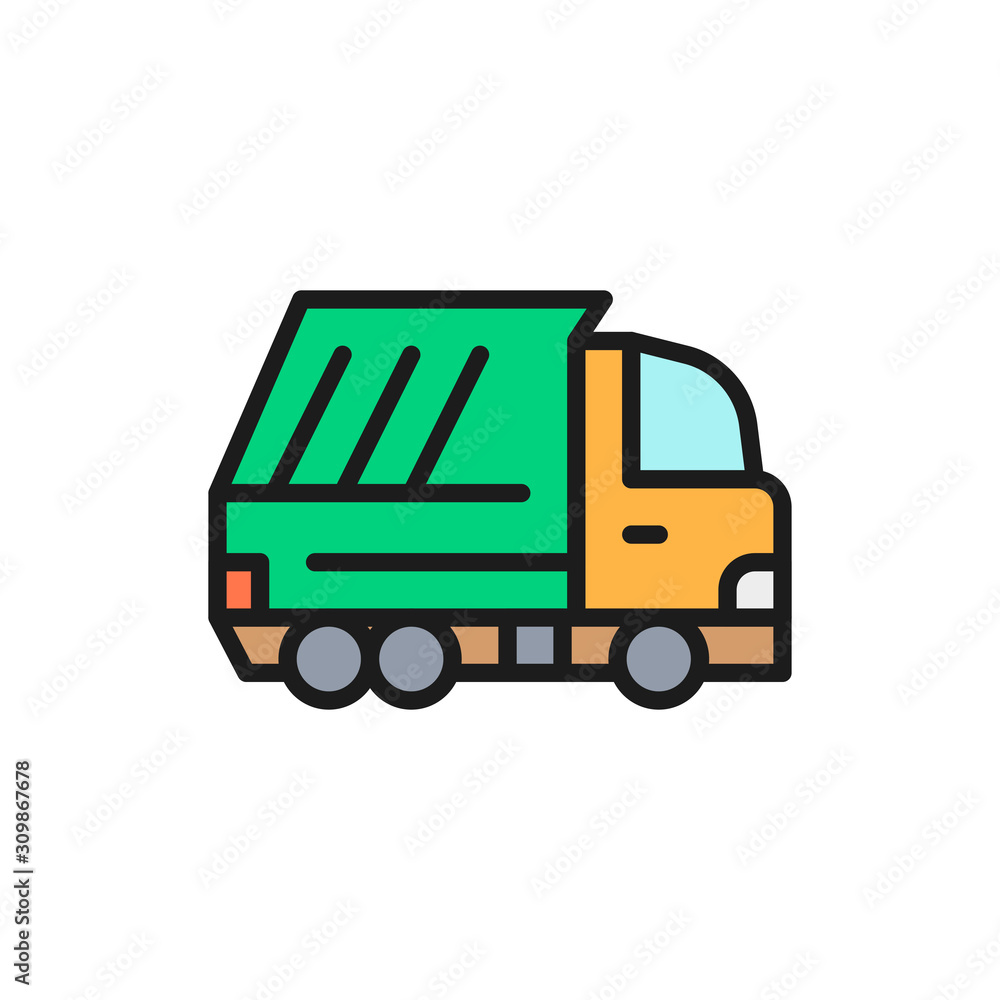 Vector garbage truck, waste vehicle flat color line icon.