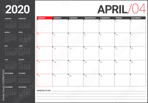 April 2020 desk calendar vector illustration