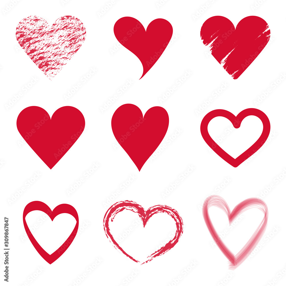 Set vector red Hearts icon. Hand drawn for valentine's day.