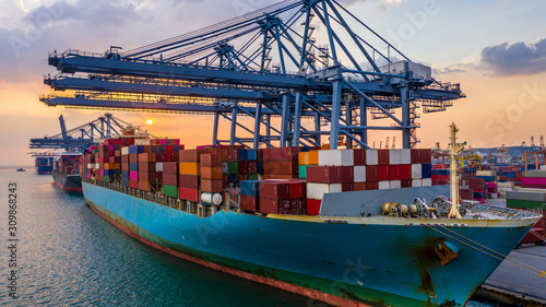 Photography Aerial view container ship carrying container in import export business logistic and transportation of international by container ship in the open sea