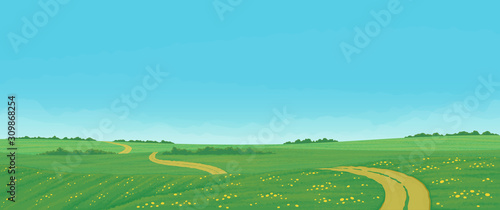 Summer landscape with rural dirt road running through green fields with wildflowers and windbreaks with bright blue sky and clouds. Vector illustration, country background, farming banner.