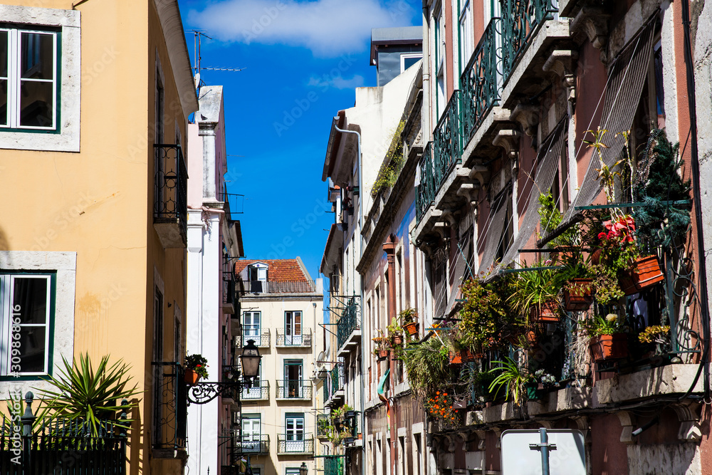 Beautiful facades of the houses on the streets of Lisbon city center