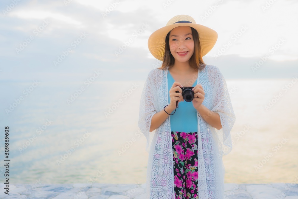 Portrait beautiful young asian women happy smile relax around sea beach ocean Portrait beautiful young asian women happy smile relax around sea beach ocean