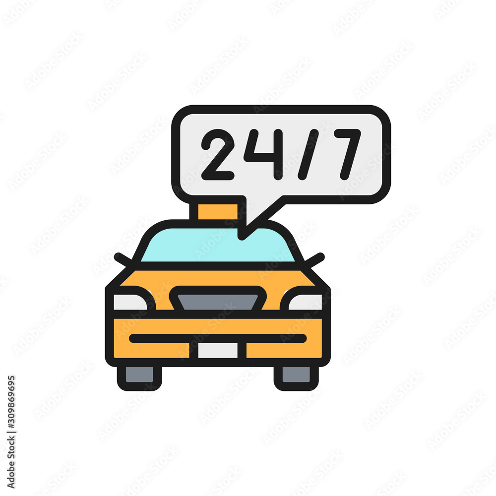 Round-the-clock taxi service, car deadline, schedule ride flat color line icon. Round-the-clock taxi service, car deadline, schedule ride flat color line icon.