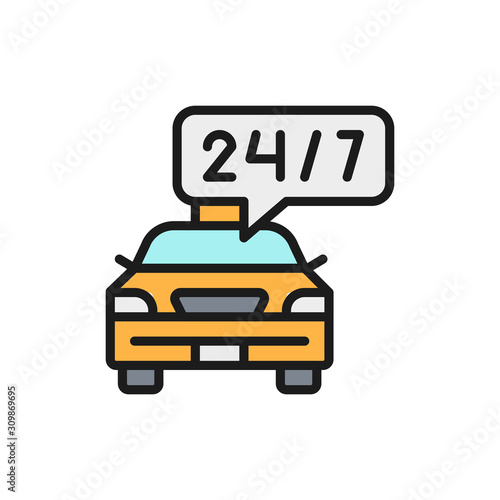 Round-the-clock taxi service, car deadline, schedule ride flat color line icon.