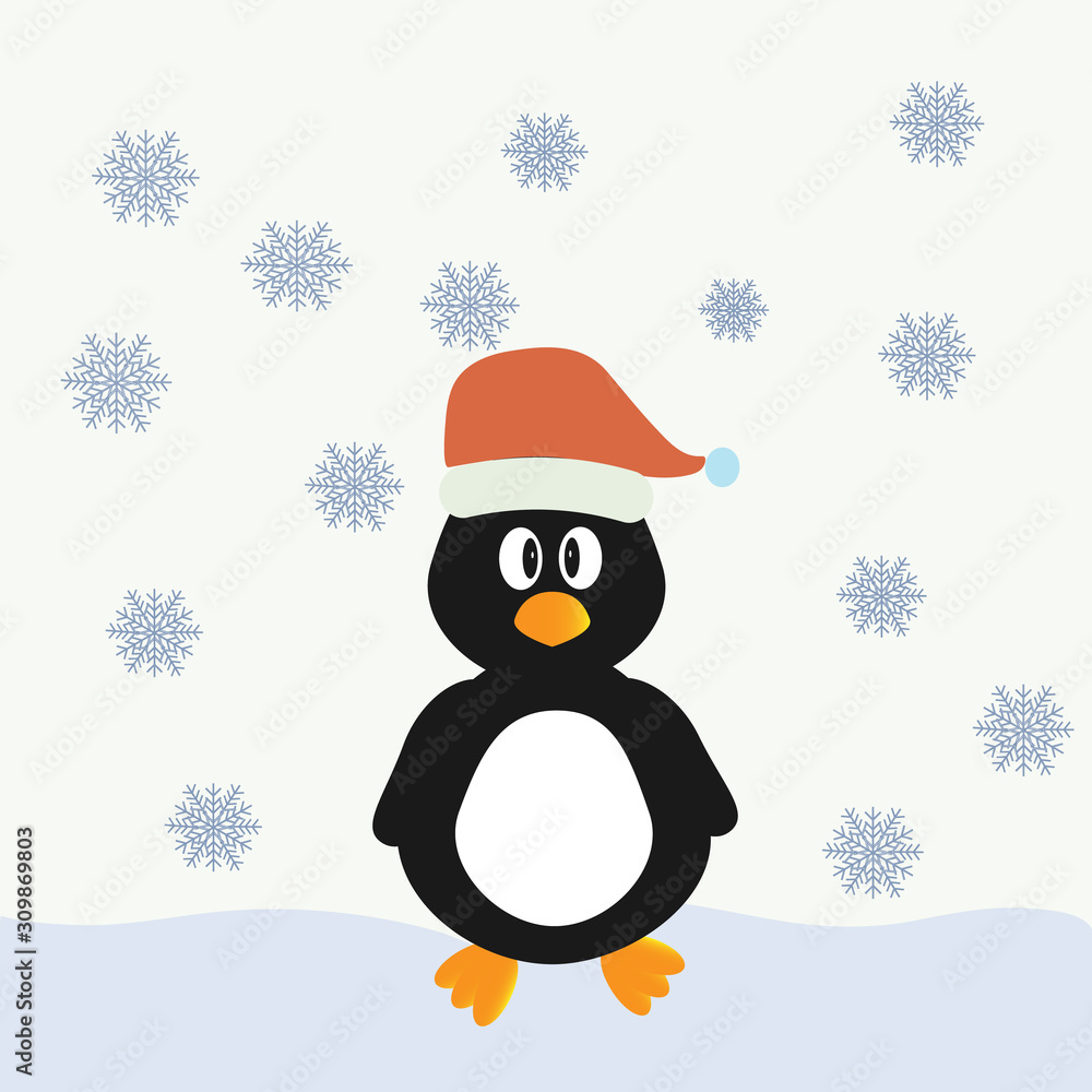 A little penguin in a Christmas hat stands in the snow