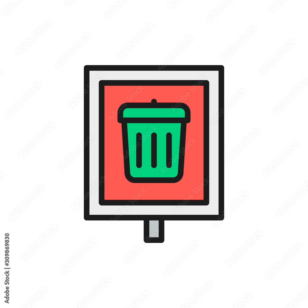 Trash can, garbage sign, waste pointer flat color line icon. Trash can, garbage sign, waste pointer flat color line icon.