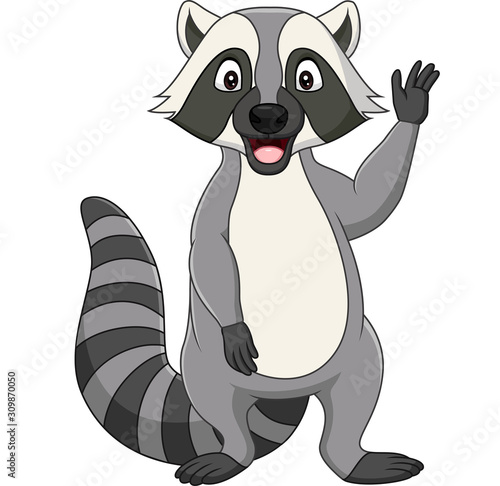 Cartoon Raccoon waving on white background