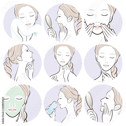 スキンケアをしている女性のイラスト