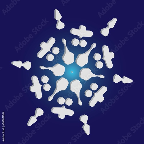 Paper cut isolated snowflake on blue background.