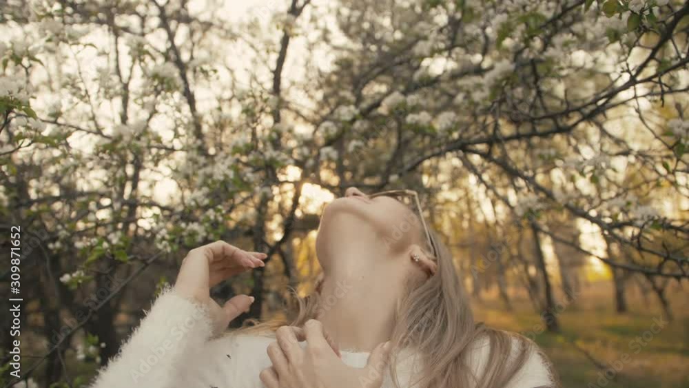 Attractive young woman in sweater, jeans is dance and spinning among blossom apple tree. Sunset, spring orchard and green field. Slow motion. Caucasian one girl, long fluttering hair. Sun glasses. Attractive young woman in sweater, jeans is dance and spinning among blossom apple tree. Sunset, spring orchard and green field. Slow motion. Caucasian one girl, long fluttering hair. Sun glasses.