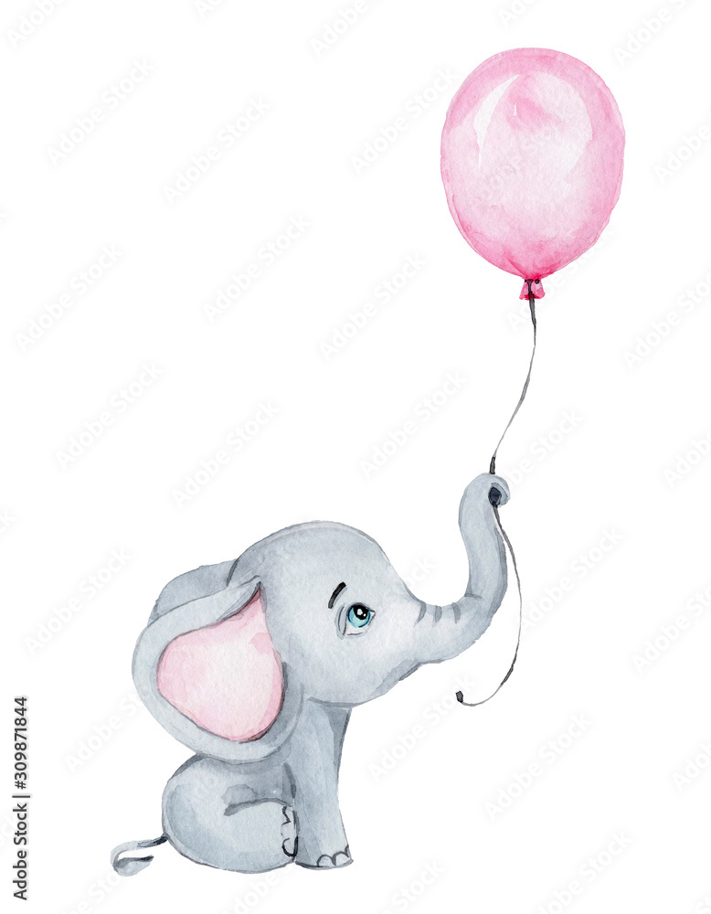 Cute little elephant with pink balloon; watercolor hand draw illustration;  with white isolated background Stock Illustration | Adobe Stock