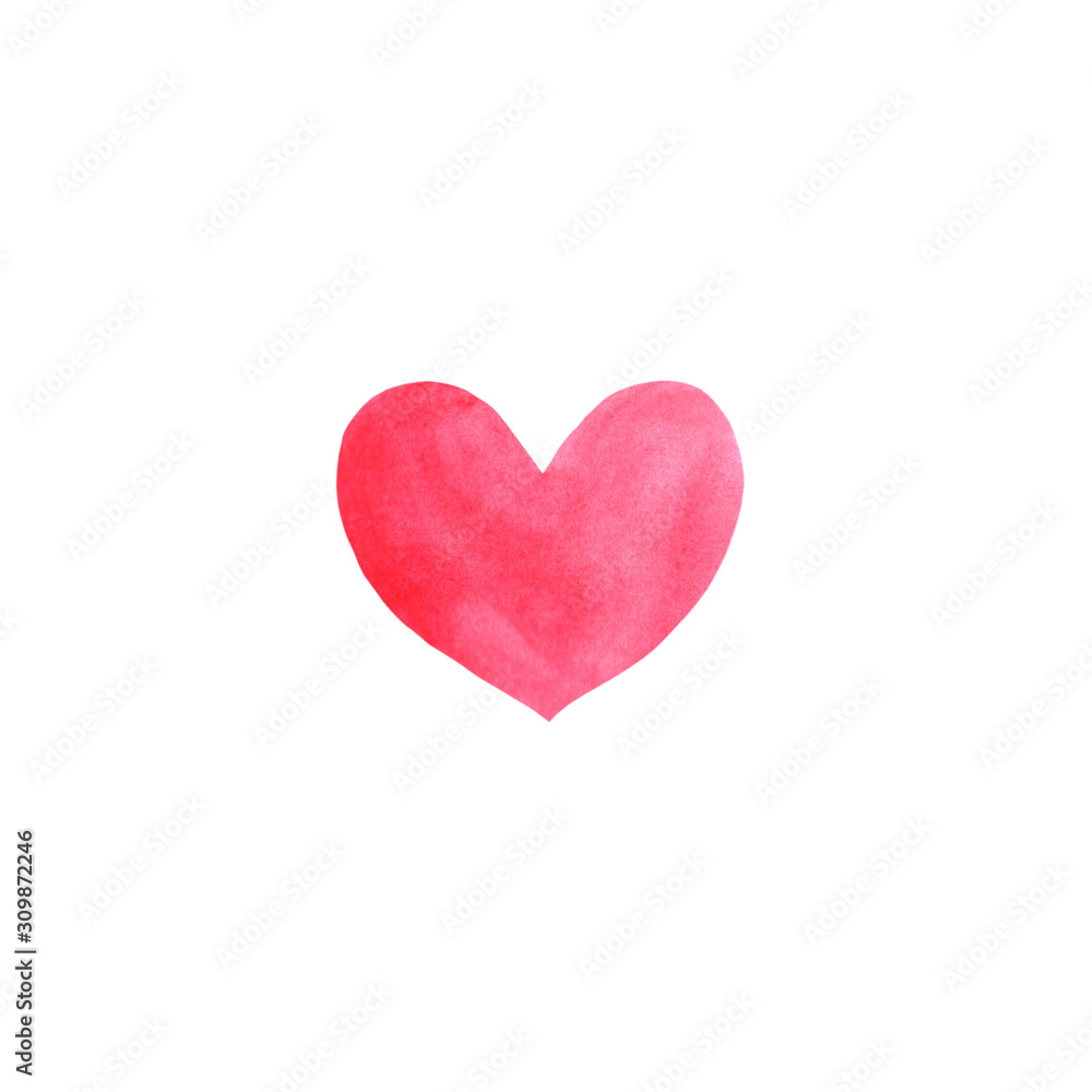 Red pink watercolor heart isolated on white background. Gentle, romantic texture for design of cards, invitations