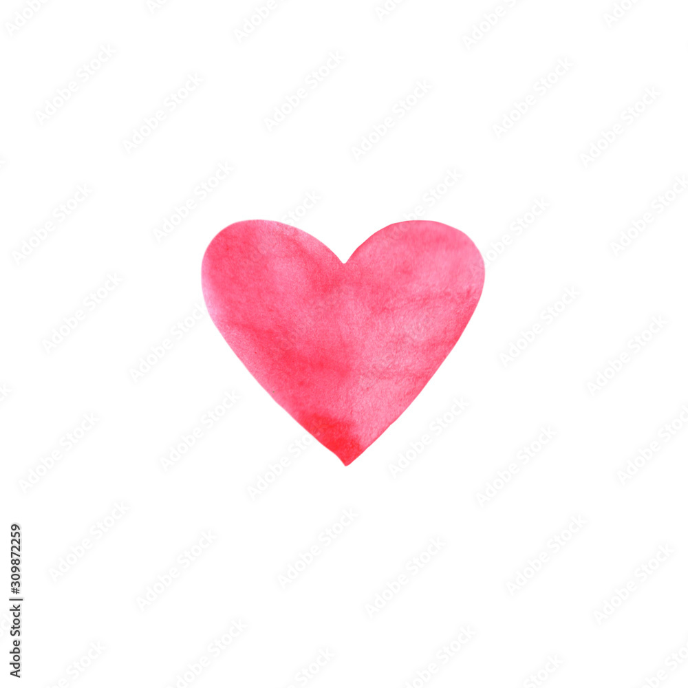 Red pink watercolor heart isolated on white background. Gentle, romantic texture for design of cards, invitations