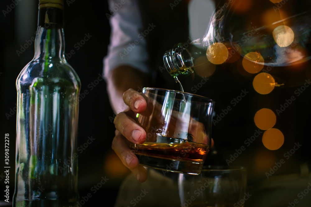 Bartender Serve Whiskey, on wood bar,