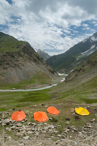 Temporary tented accommodations for Nomads in Zojila pass, jammu and Kashmir, India photo