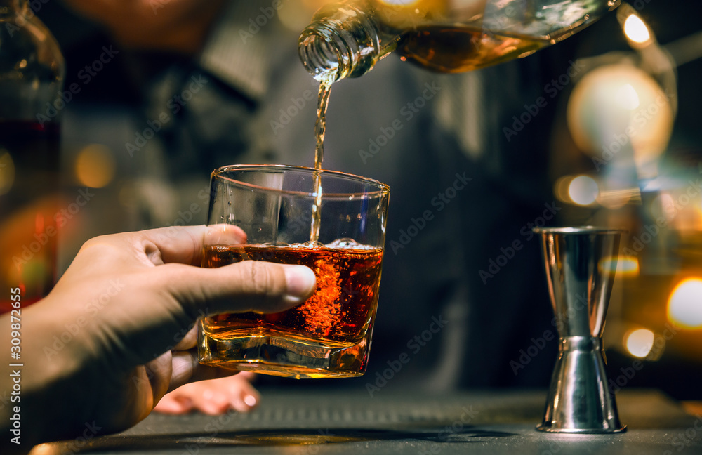 Bartender Serve Whiskey, on wood bar, Bartender Serve Whiskey, on wood bar,