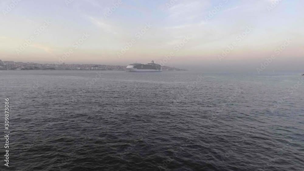 aerial view cruise ship at sunset in Lisbon Portugal aerial view cruise ship at sunset in Lisbon Portugal